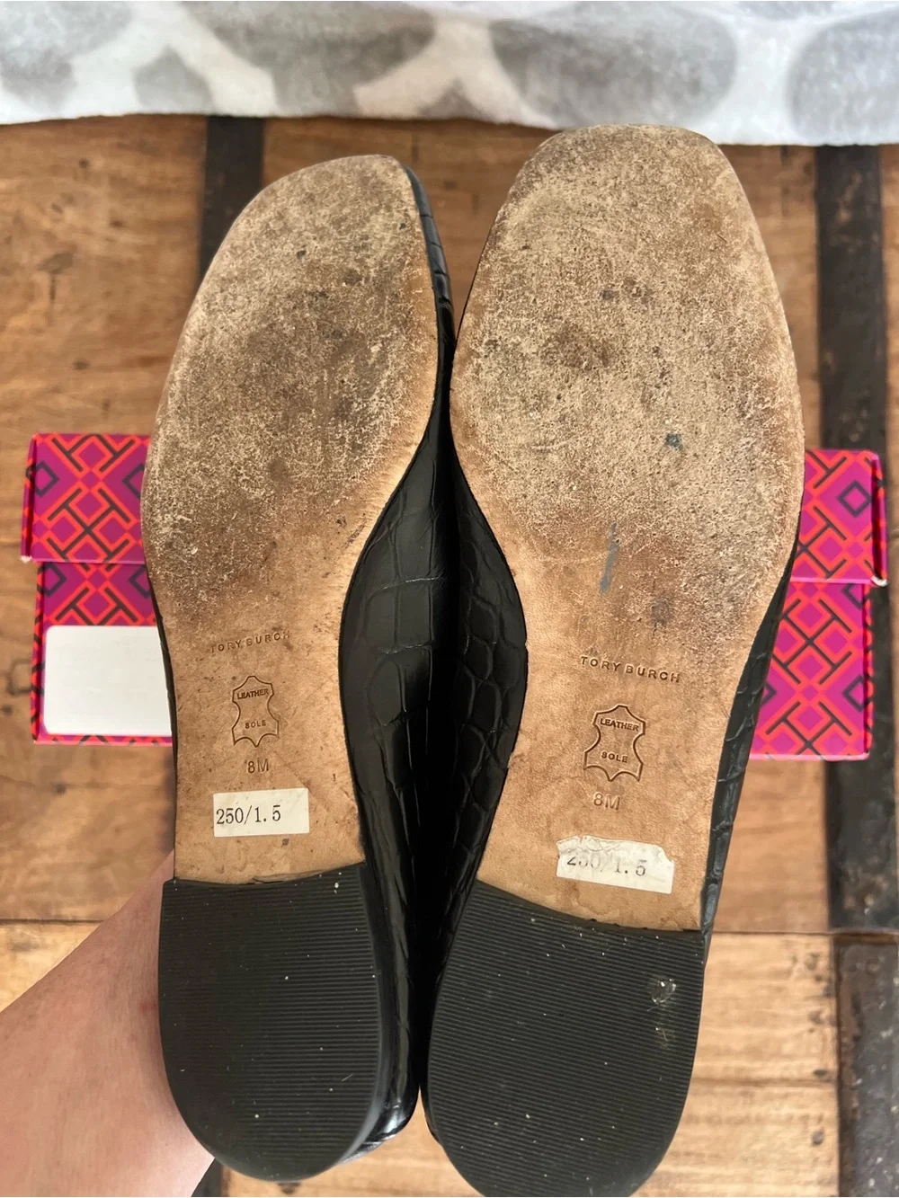 Tory Burch Dark Brown and Black Croc-Embossed Leather Loafers w/ gold charm logo